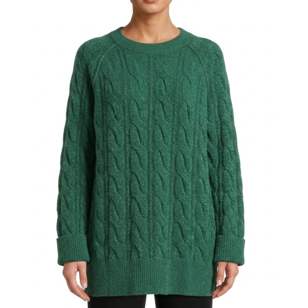 Aerie Cable Knit Sweater Women Medium Green Oversized Raglan Longline Cozy Fuzzy